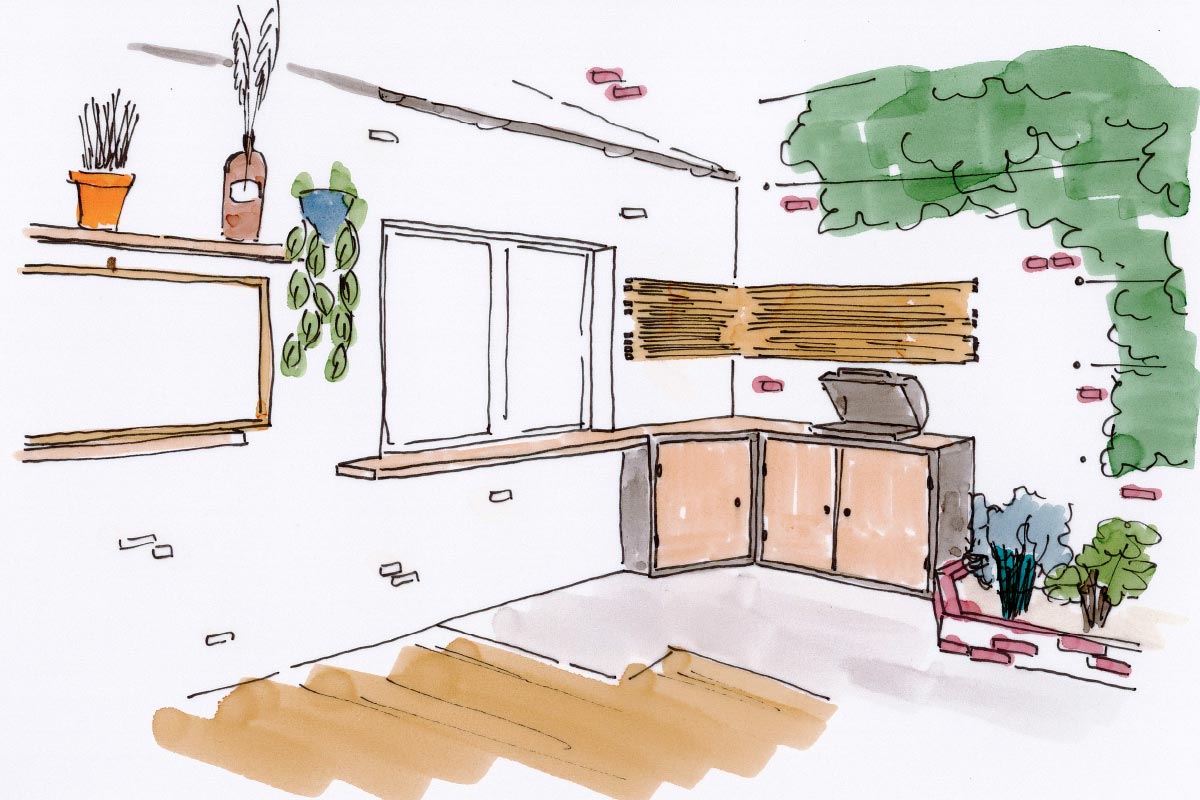 Croquis du coin cuisine d'une cour sur le dunkerquois